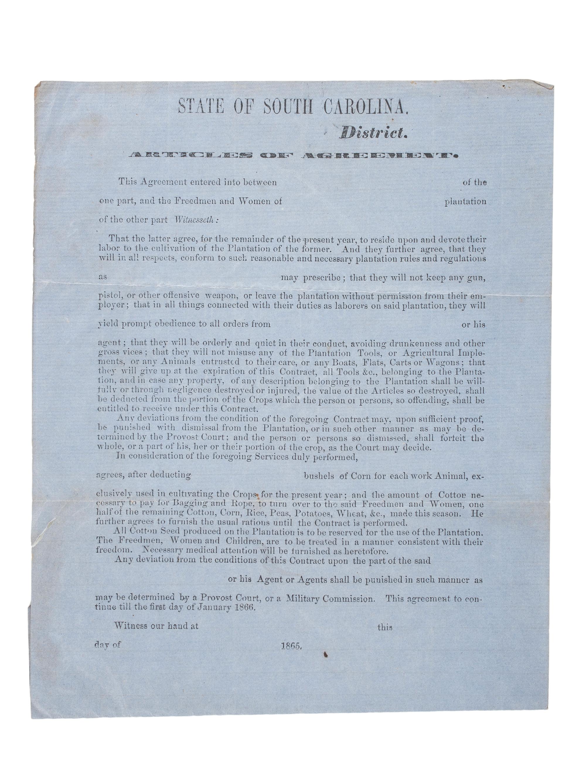 [RECONSTRUCTION - LABOR]. A group of documents and pamphlets related to Freedmen, especially labor issues including prison contract labor, comprising: