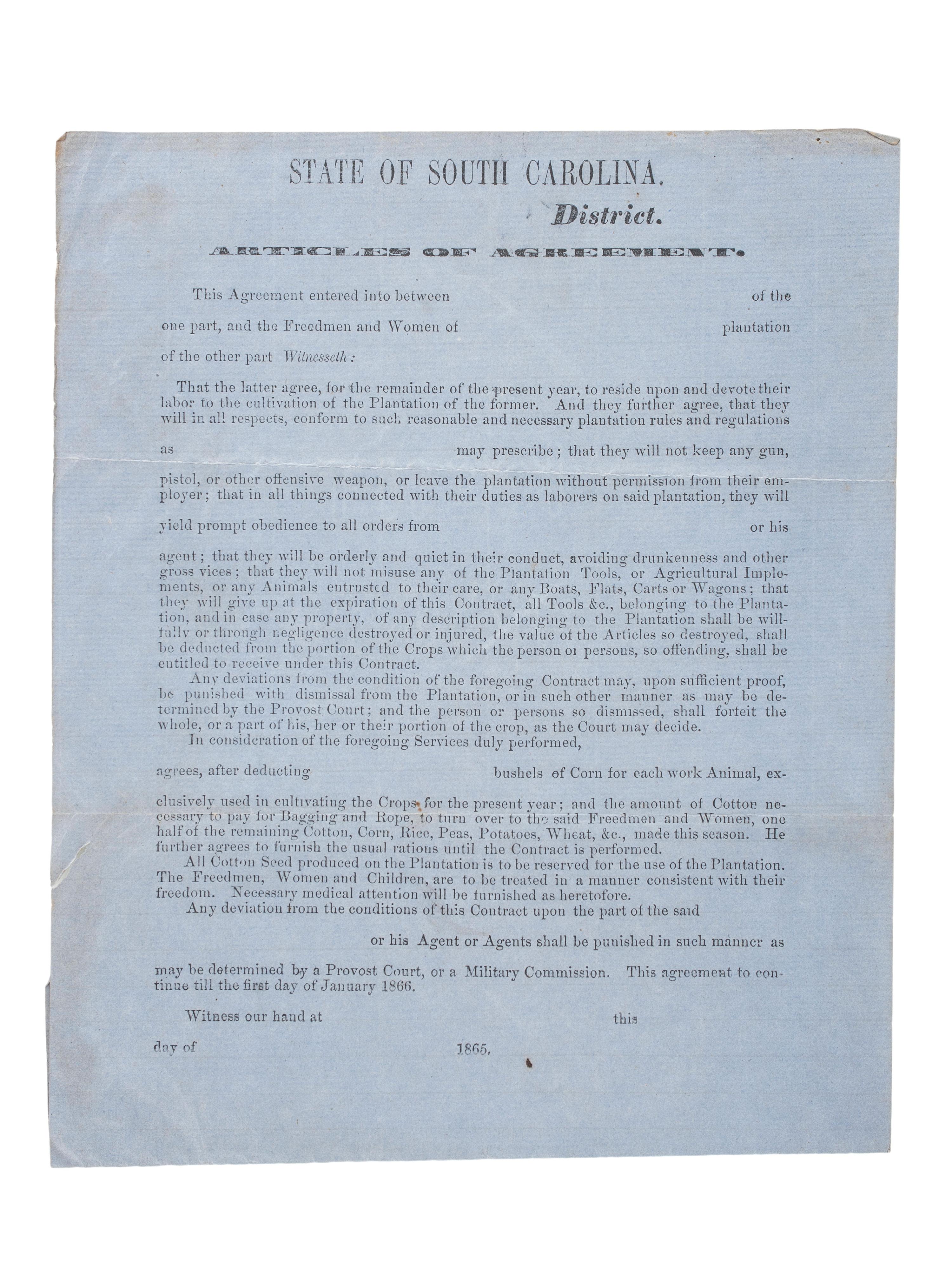 [RECONSTRUCTION - LABOR]. A group of documents and pamphlets related to Freedmen, especially labor issues including prison contract labor, comprising: