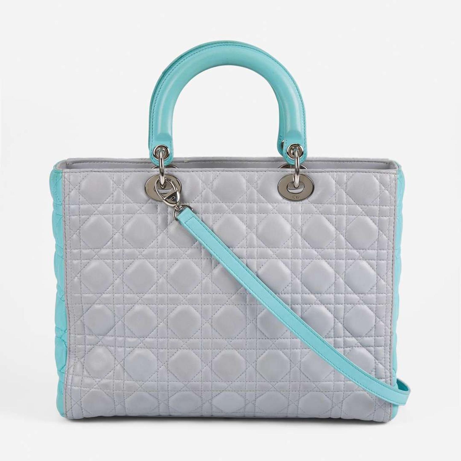 A Dior Lady Dior GM in Aqua and Gray Dior