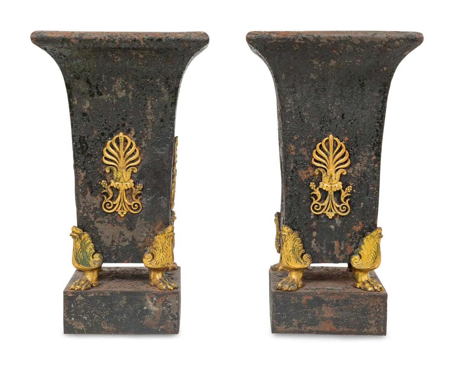 A Pair of Regency Gilt Metal Mounted Tole Vases