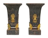 A Pair of Regency Gilt Metal Mounted Tole Vases
