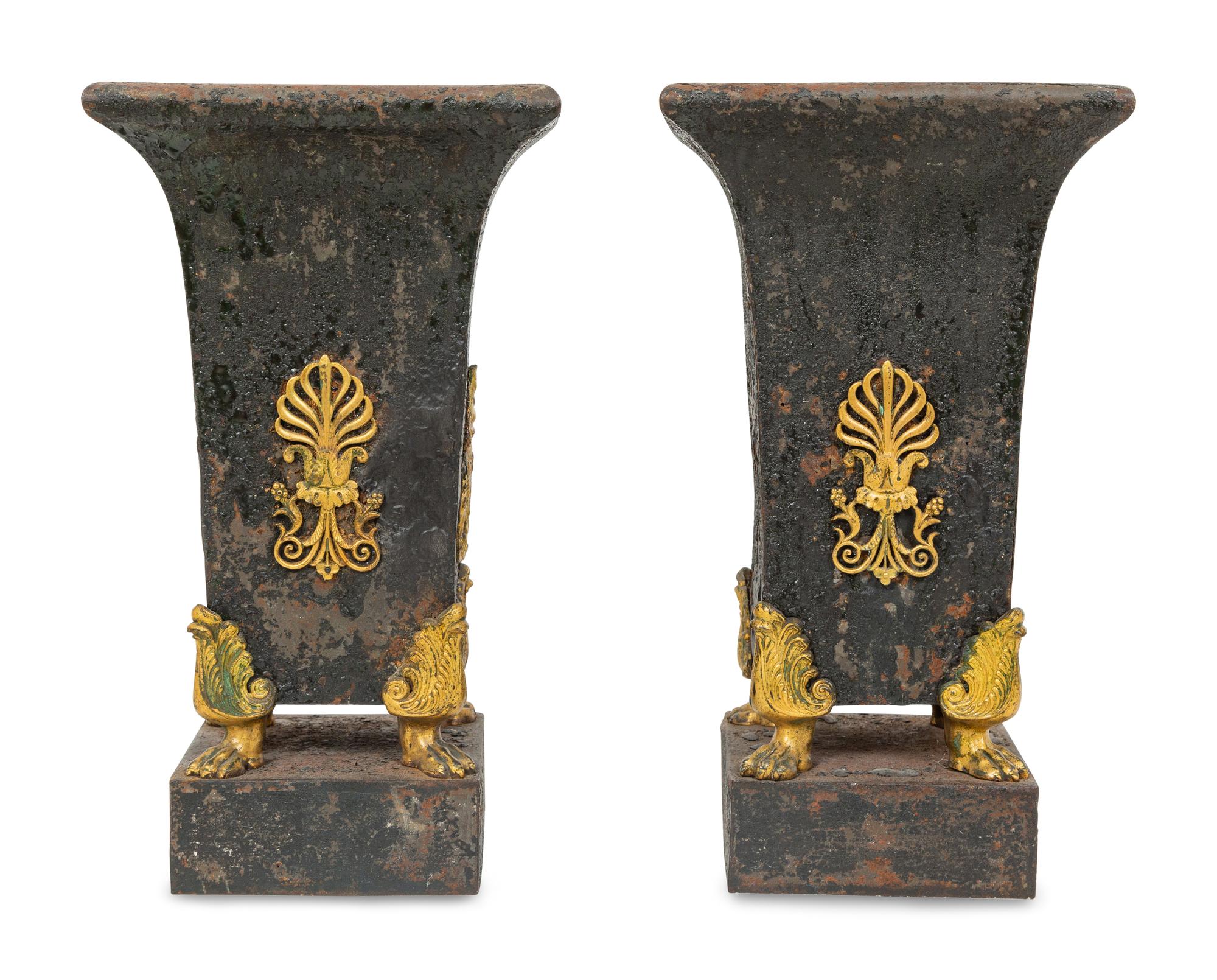 A Pair of Regency Gilt Metal Mounted Tole Vases