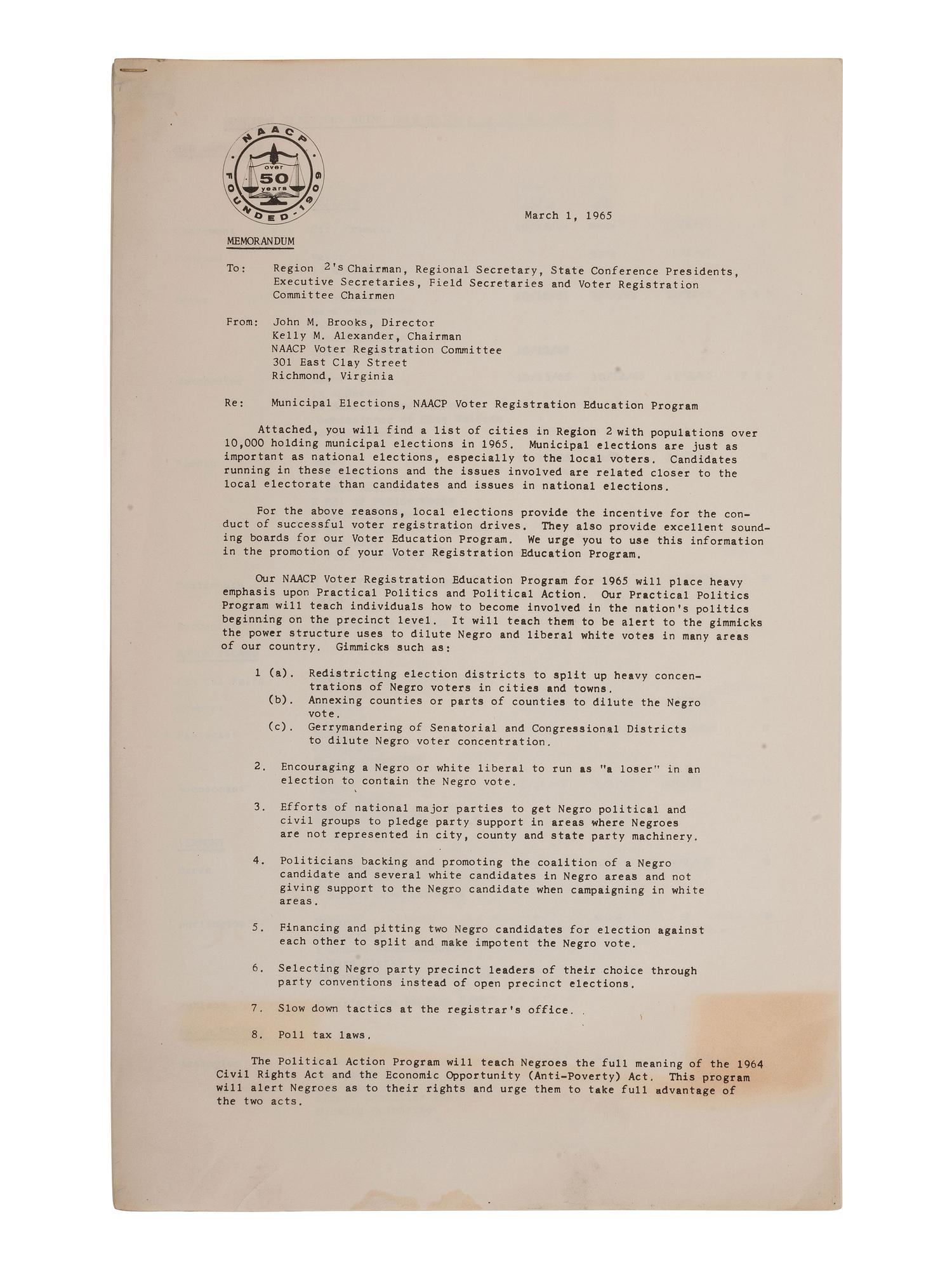 [CIVIL RIGHTS]. NAACP internal memorandum on Voter Registration Education Program. Richmond, Virginia: NAACP Voter Registration Committee, 1 March 1965.