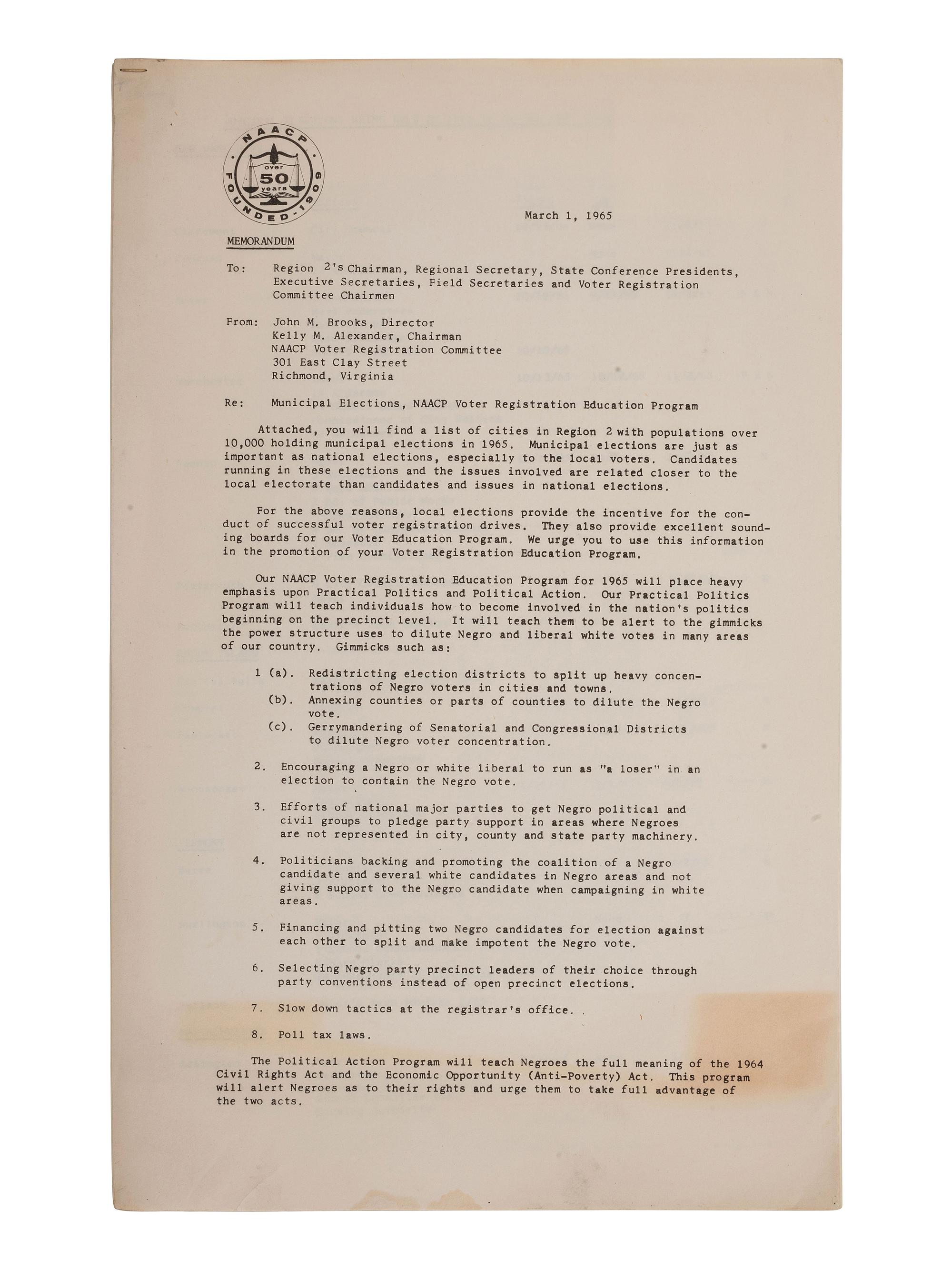 [CIVIL RIGHTS]. NAACP internal memorandum on Voter Registration Education Program. Richmond, Virginia: NAACP Voter Registration Committee, 1 March 1965.