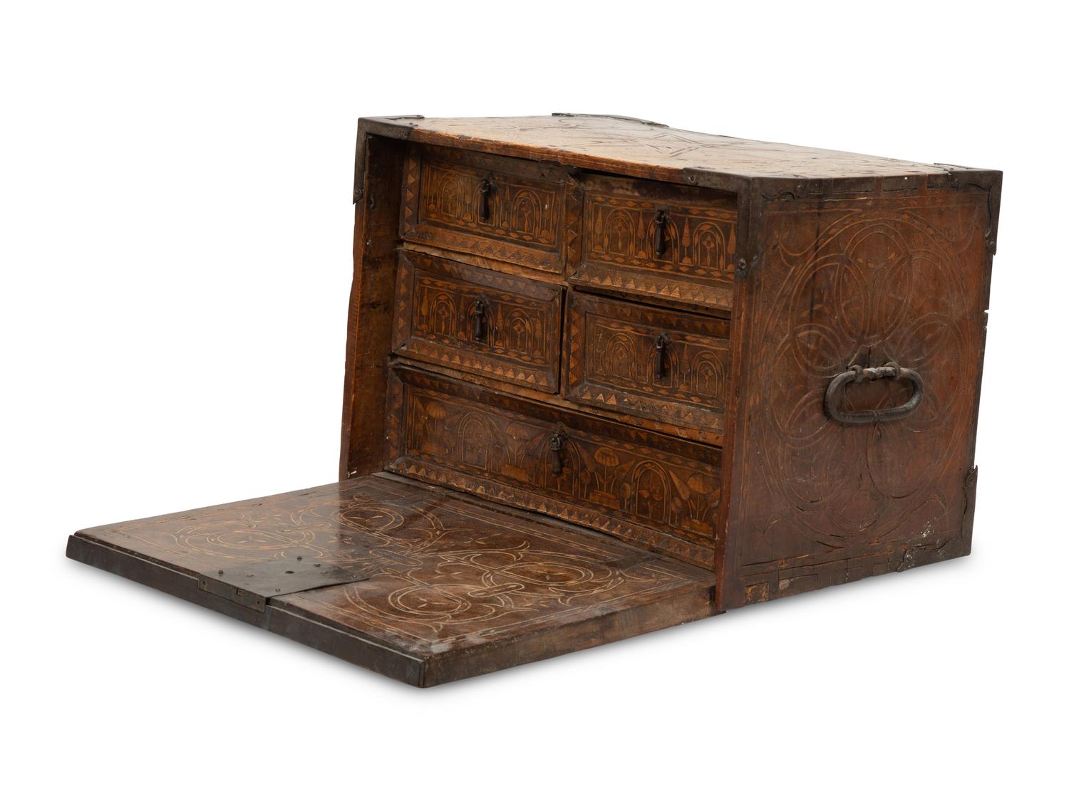 A Spanish Iron Mounted Walnut Marquetry Vargueno/Traveling Desk