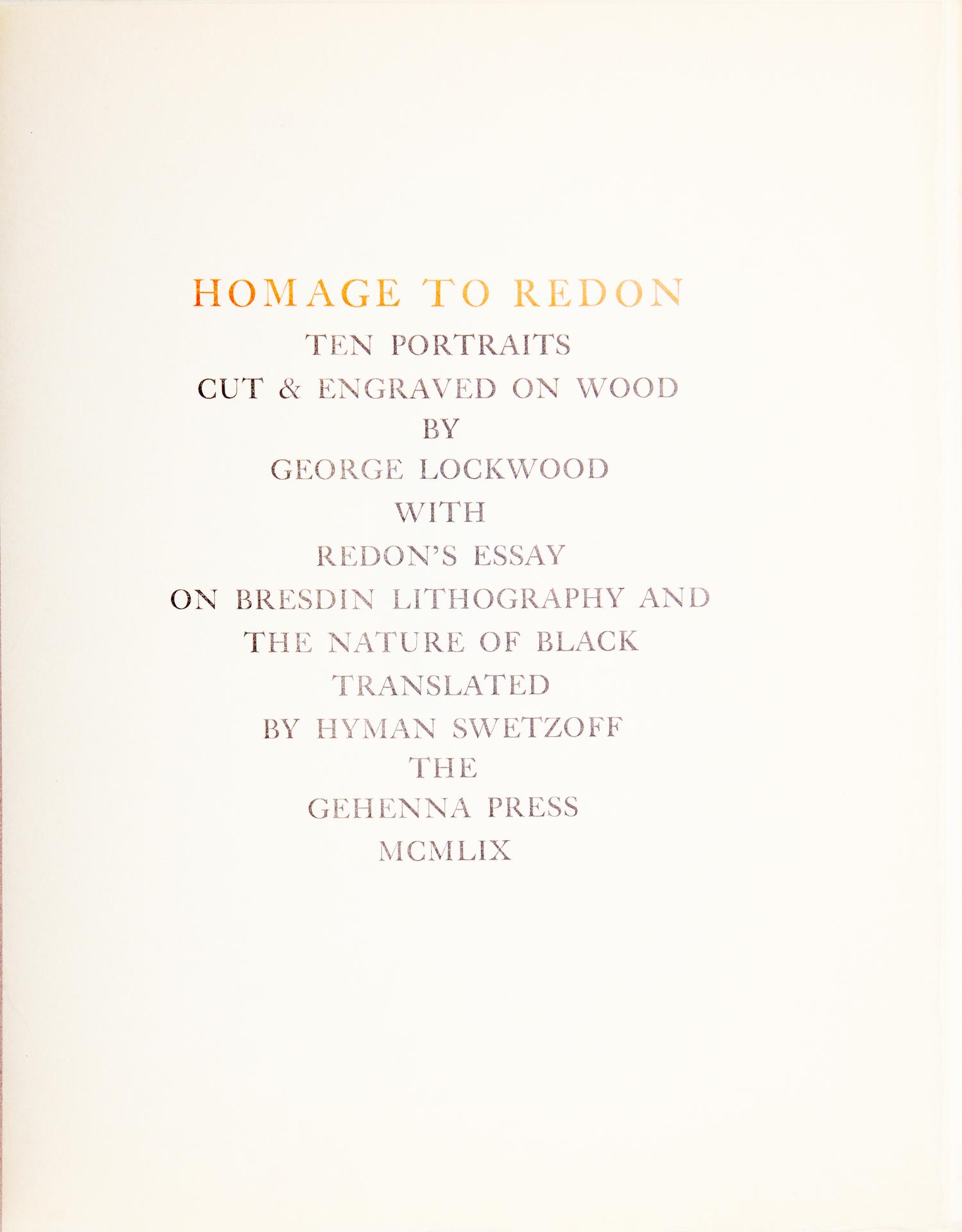 [Private Press] [Gehenna Press] [Baskin, Leonard] Lockwood, George. Homage to Redon , with an Autograph Letter, signed