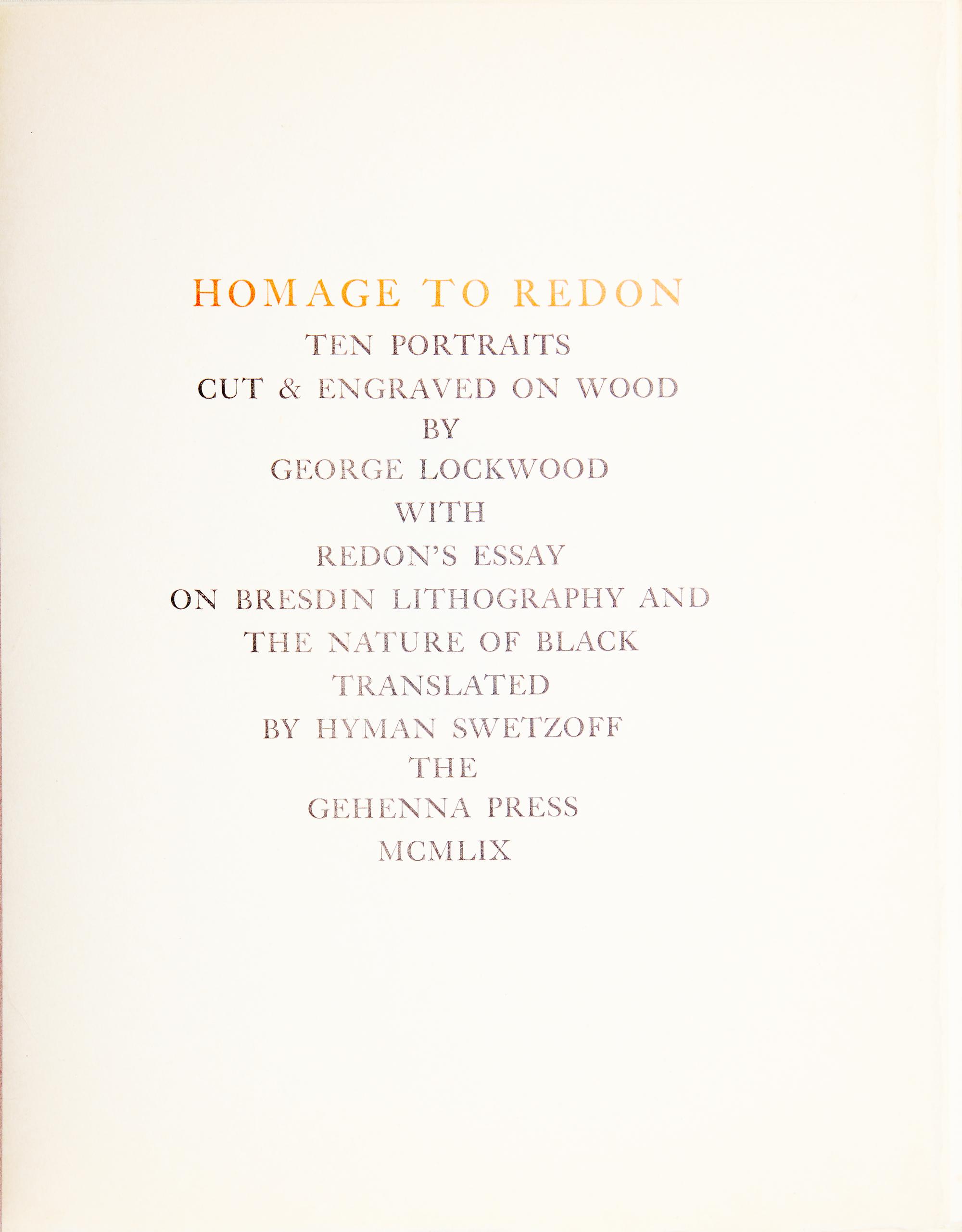 [Private Press] [Gehenna Press] [Baskin, Leonard] Lockwood, George. Homage to Redon , with an Autograph Letter, signed