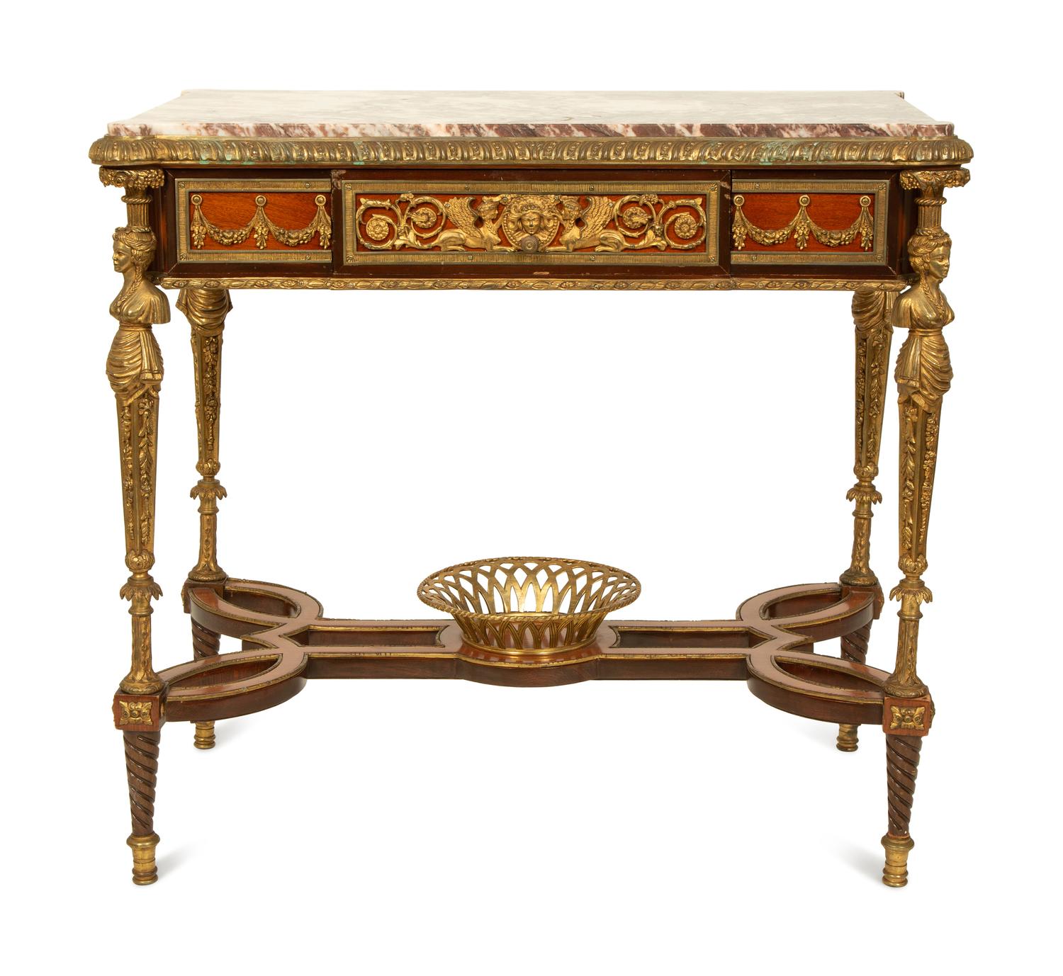 A French Empire Style Gilt Bronze Mounted Mahogany Table with Rouge Marble Top — 19TH CENTURY