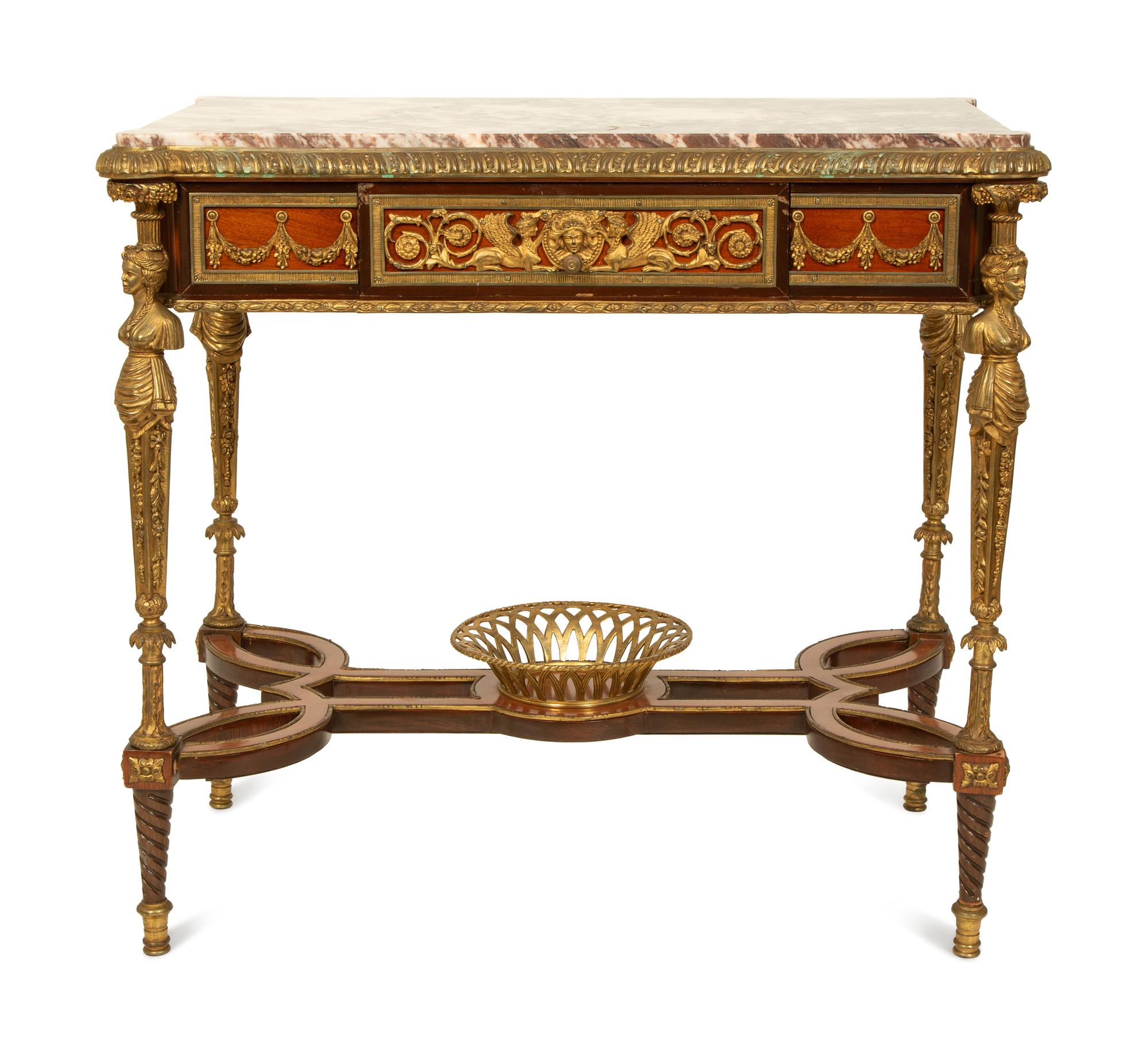 A French Empire Style Gilt Bronze Mounted Mahogany Table with Rouge Marble Top — 19TH CENTURY