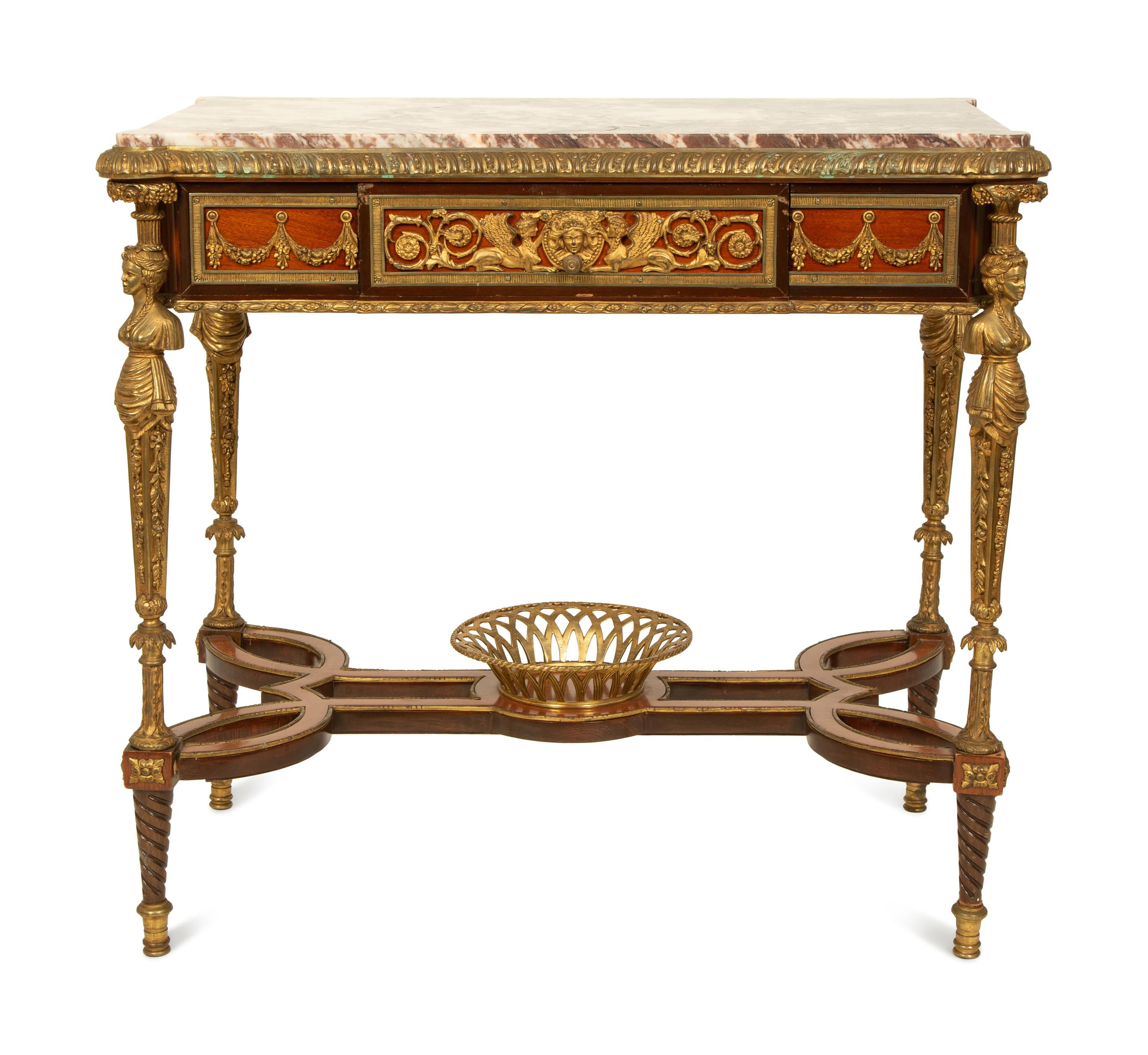 A French Empire Style Gilt Bronze Mounted Mahogany Table with Rouge Marble Top — 19TH CENTURY