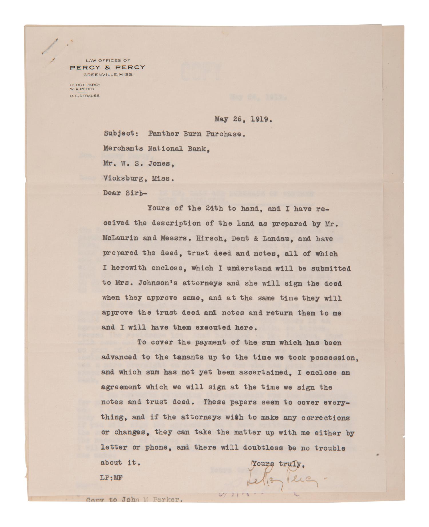 [MISSISSIPPI]. 1919 document ref. purchase of Panther Burn Plantation signed by LeRoy Percy.