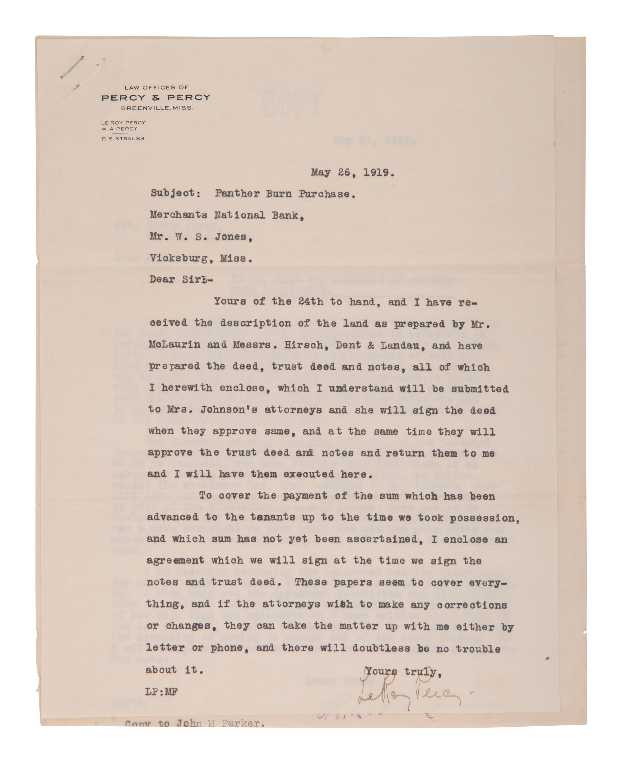 [MISSISSIPPI]. 1919 document ref. purchase of Panther Burn Plantation signed by LeRoy Percy.