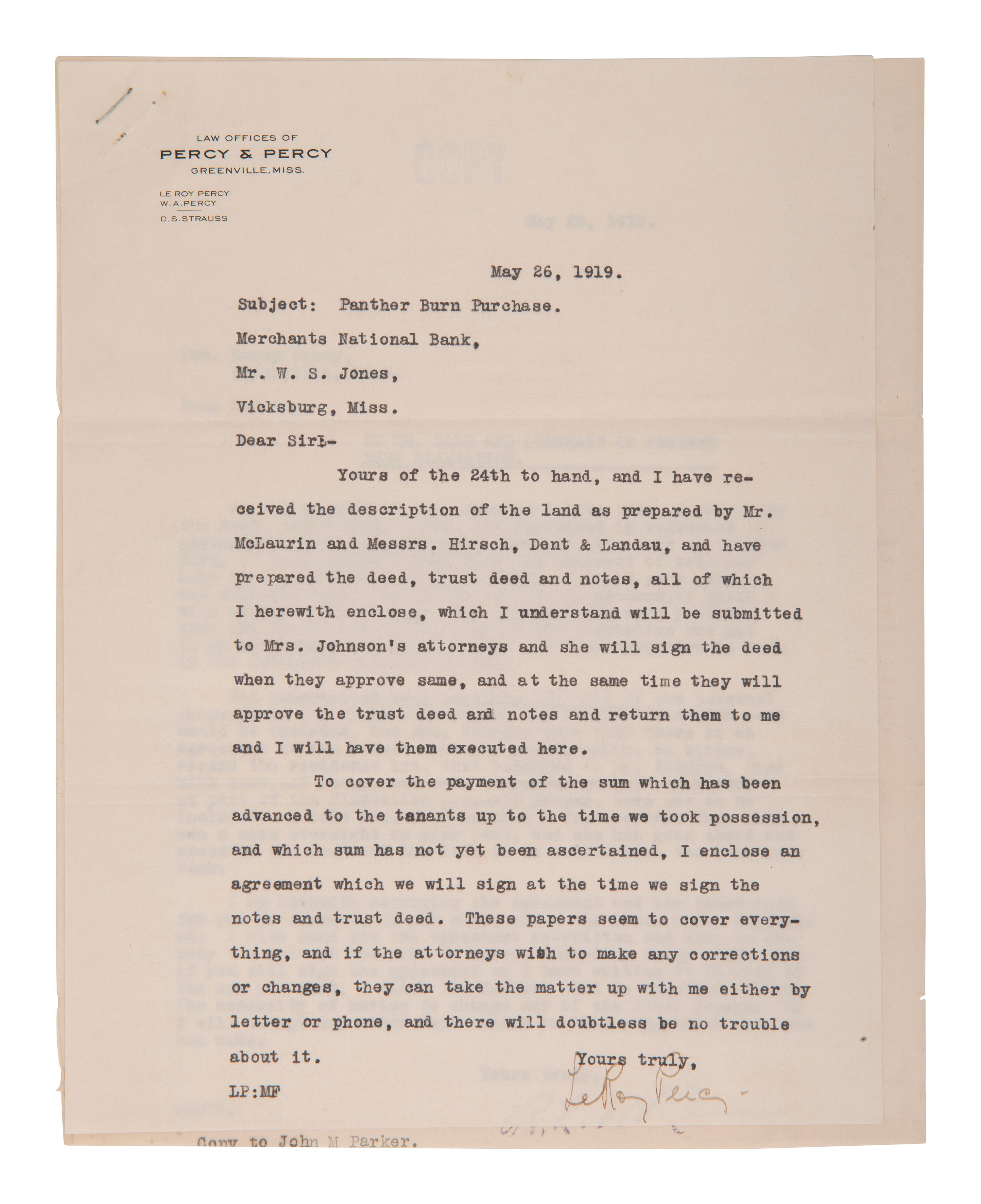 [MISSISSIPPI]. 1919 document ref. purchase of Panther Burn Plantation signed by LeRoy Percy.