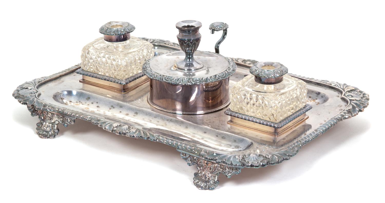 A Victorian Style Silverplate Standish Width 13 inches. — 20TH CENTURY