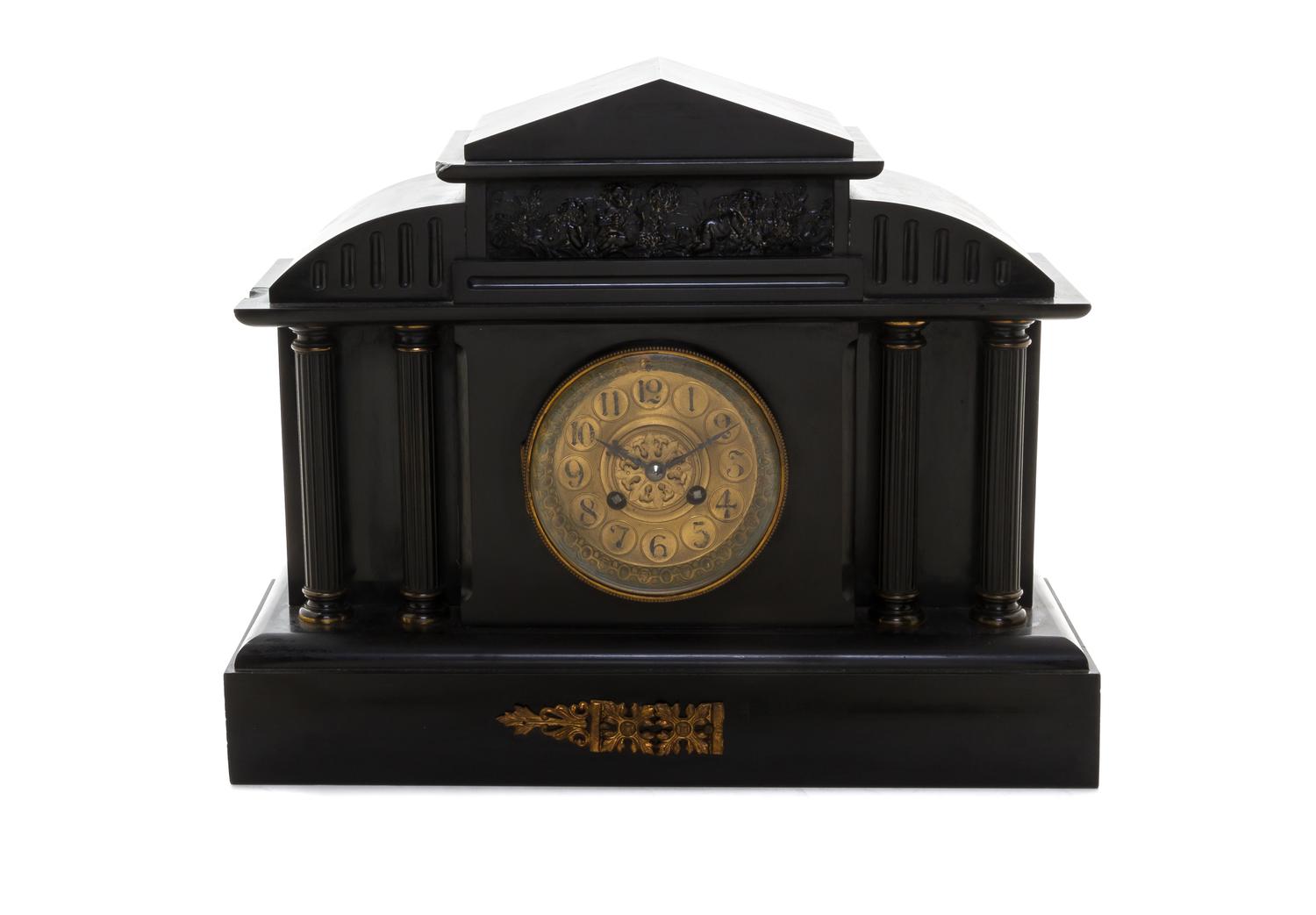 A Continental Slate Mantel Clock, LATE 19TH CENTURY, MOVEMENT BY L. MARTI, Width 16 inches. — LATE 19TH CENTURY, MOVEMENT BY L. MARTI,