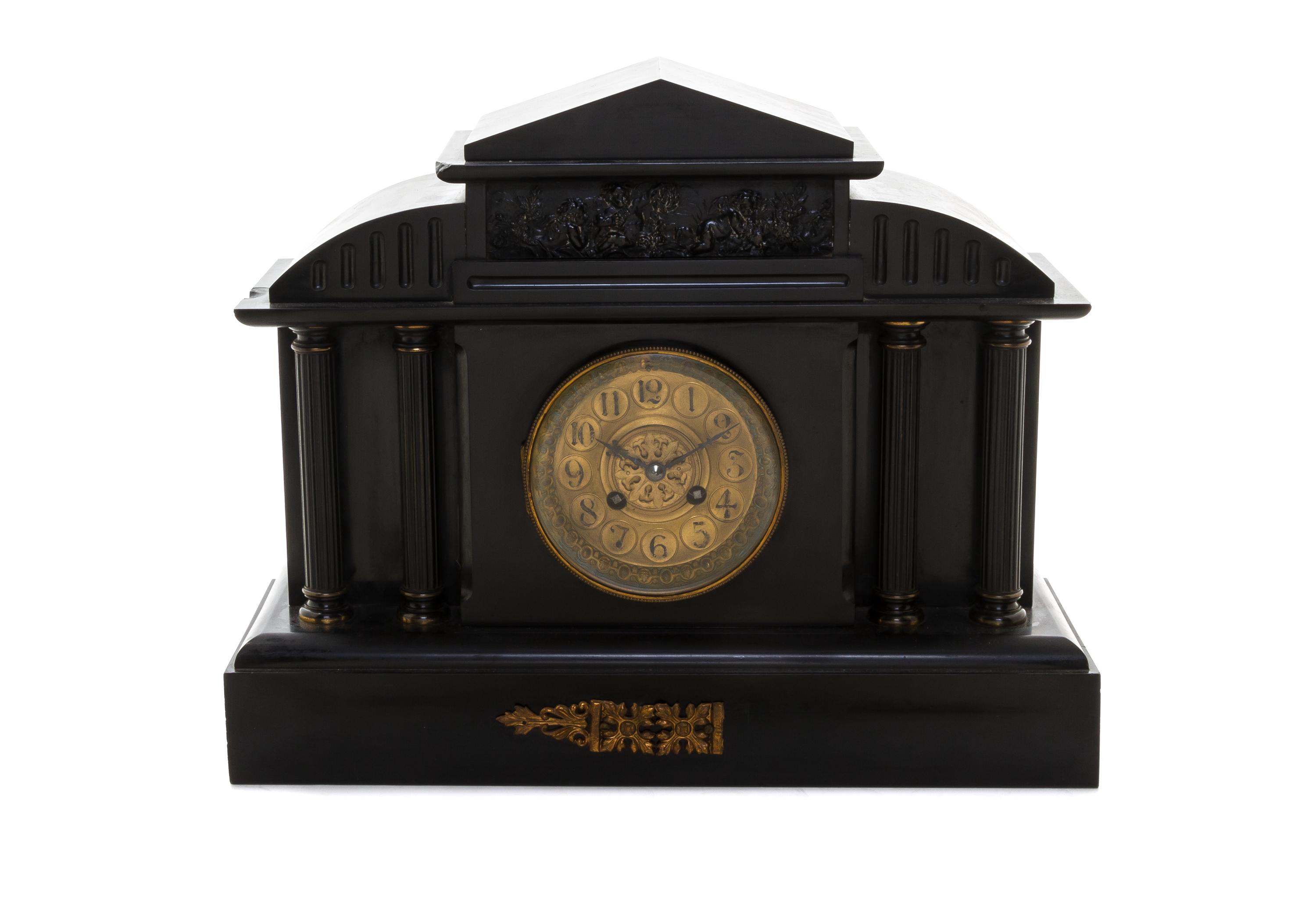 A Continental Slate Mantel Clock, LATE 19TH CENTURY, MOVEMENT BY L. MARTI, Width 16 inches. — LATE 19TH CENTURY, MOVEMENT BY L. MARTI,