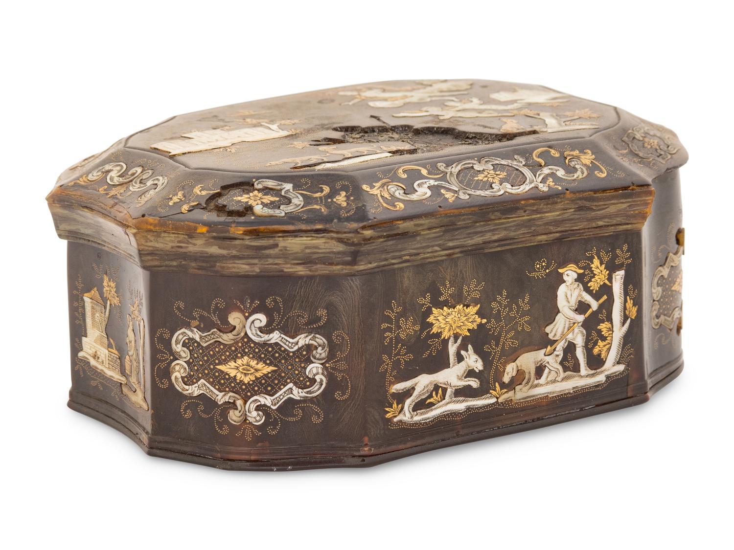 An Italian Gold and Mother of Pearl Inlaid Tortoise Shell Pique Snuff Box