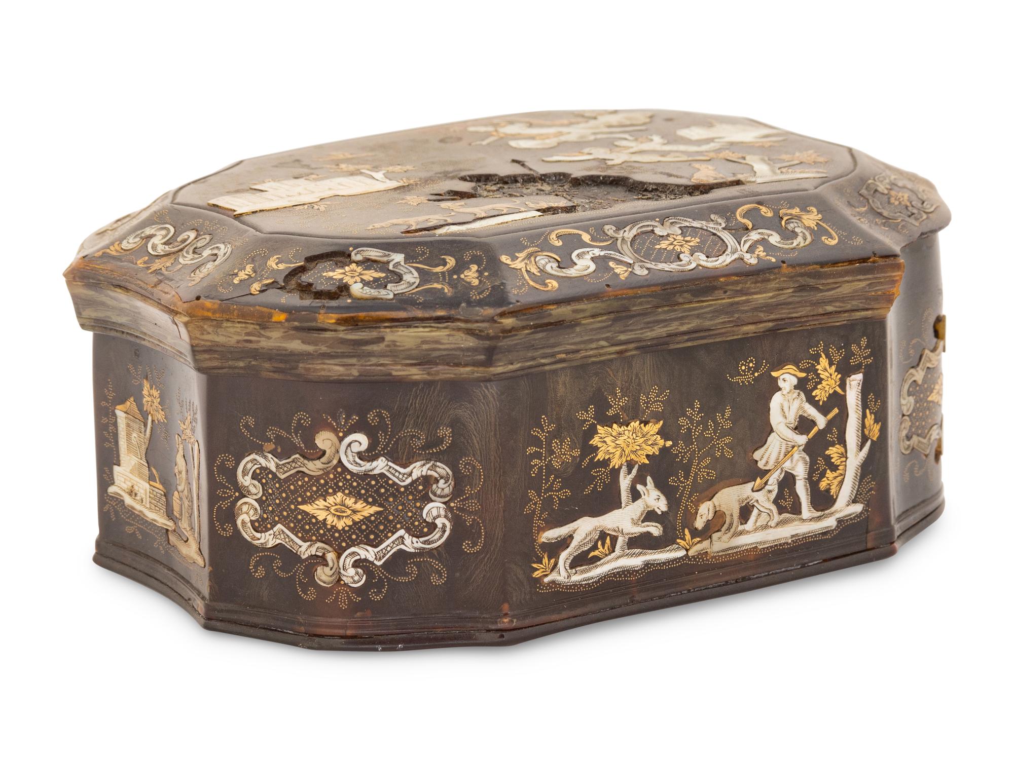 An Italian Gold and Mother of Pearl Inlaid Tortoise Shell Pique Snuff Box