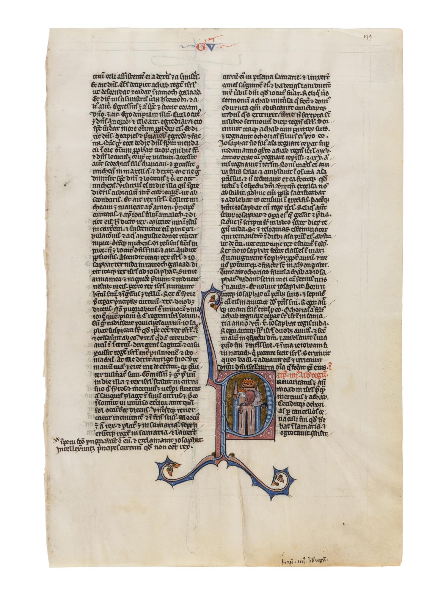 JOHANNES GRUSCH ATELIER (active Paris, c. 1235–1270) A leaf from the “Josephinum” Bible, with a historiated initial ‘P’ of King Ahaziah falling from a window, in Latin, illuminated manuscript on parchment [France, Paris, c. 1250]