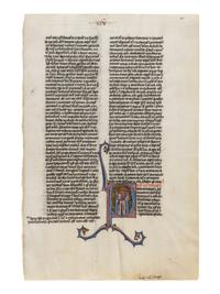 JOHANNES GRUSCH ATELIER (active Paris, c. 1235–1270) A leaf from the “Josephinum” Bible, with a historiated initial ‘P’ of King Ahaziah falling from a window, in Latin, illuminated manuscript on parchment [France, Paris, c. 1250]