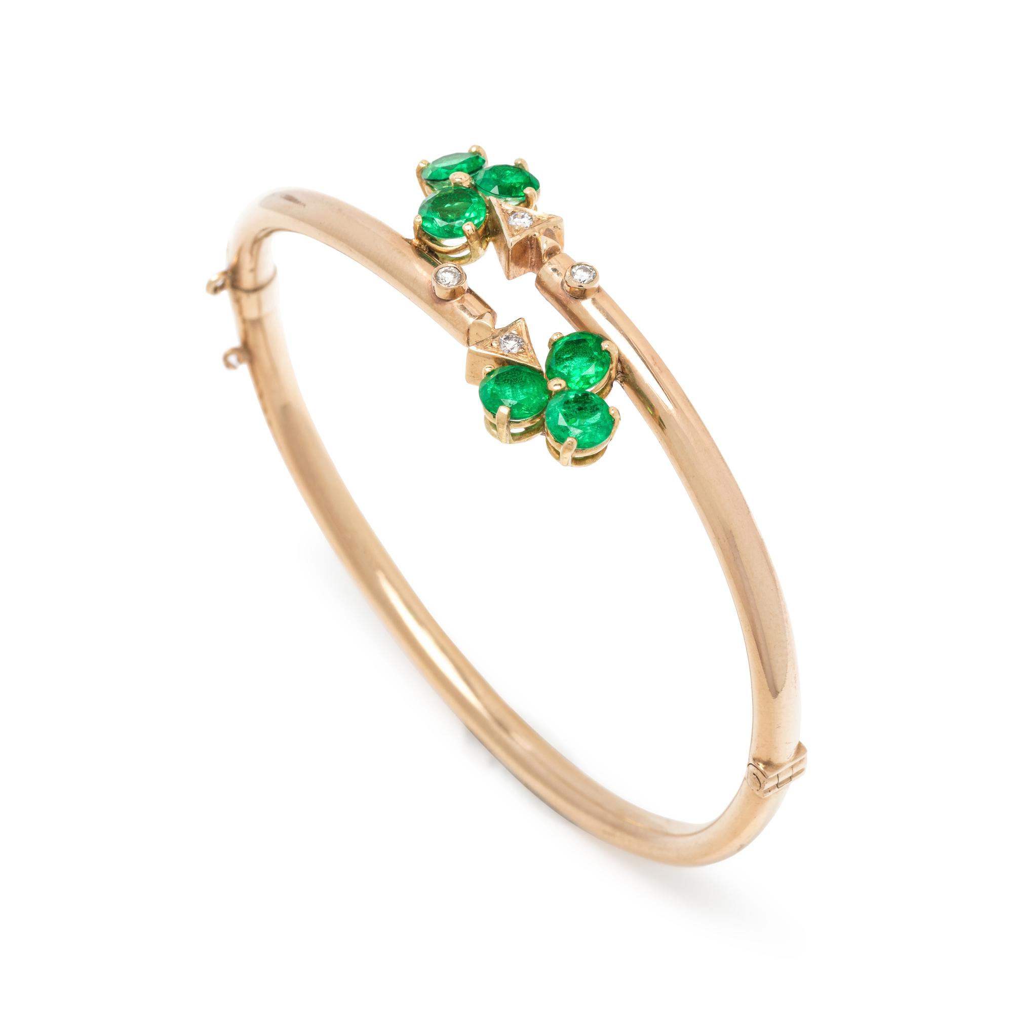 YELLOW GOLD, GREEN ASSEMBLED STONE AND DIAMOND BANGLE BRACELET