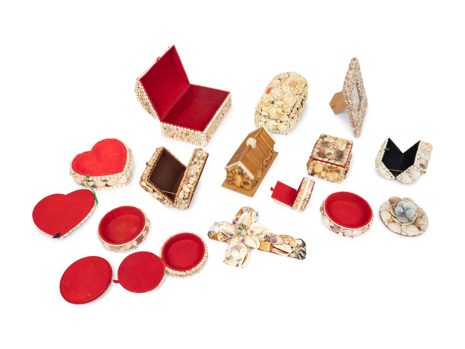 Thirteen Contemporary Shell Decorated Sailor’s Whimsy Boxes, Frame and a Cross