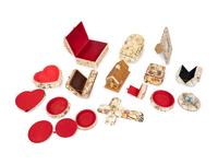 Thirteen Contemporary Shell Decorated Sailor’s Whimsy Boxes, Frame and a Cross