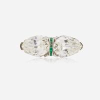 A Pear-Shape Diamond and Emerald Ring 3.16 Carat and 3.22 Carat Pear Brilliant-Cut Diamonds, GIA Certified
