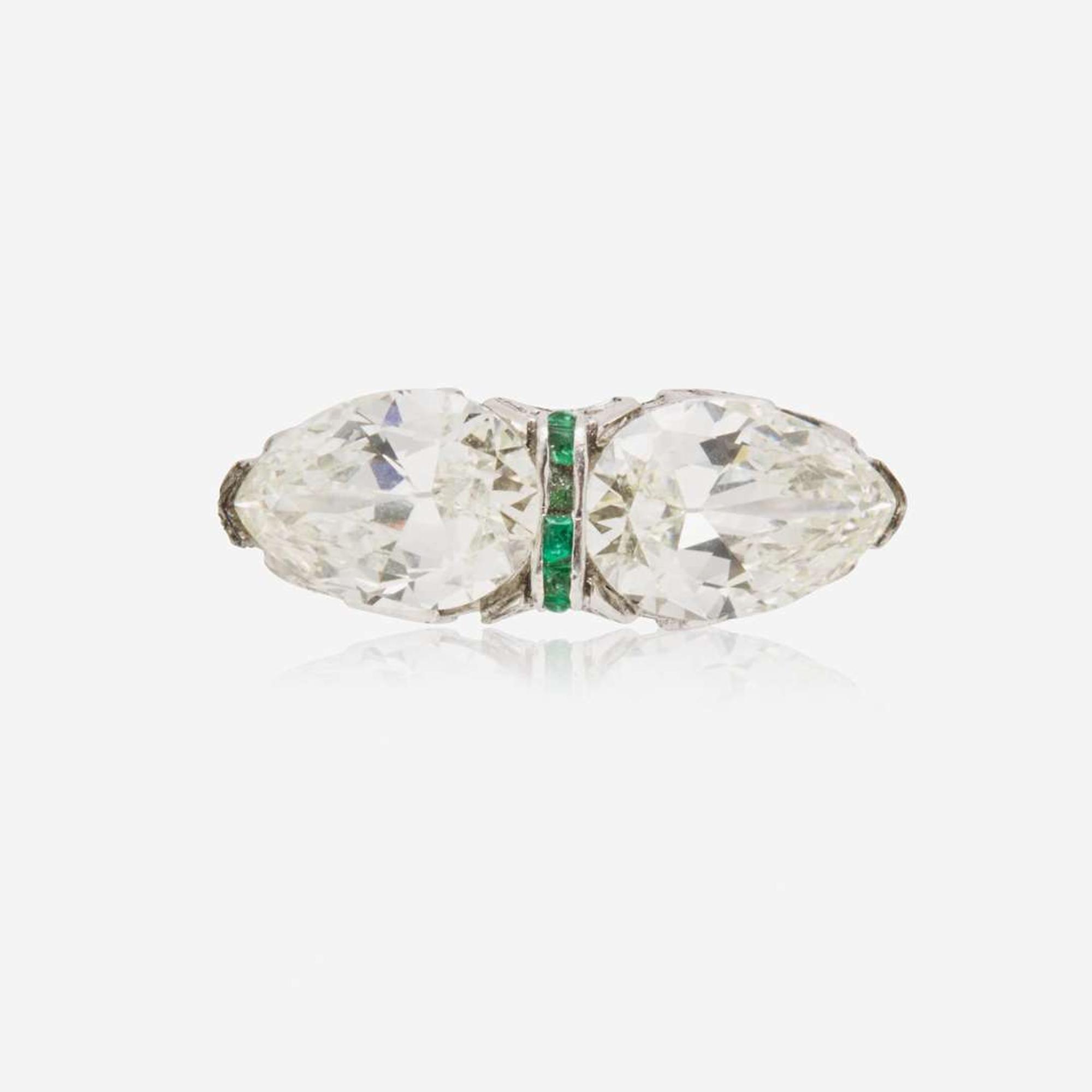 A Pear-Shape Diamond and Emerald Ring 3.16 Carat and 3.22 Carat Pear Brilliant-Cut Diamonds, GIA Certified