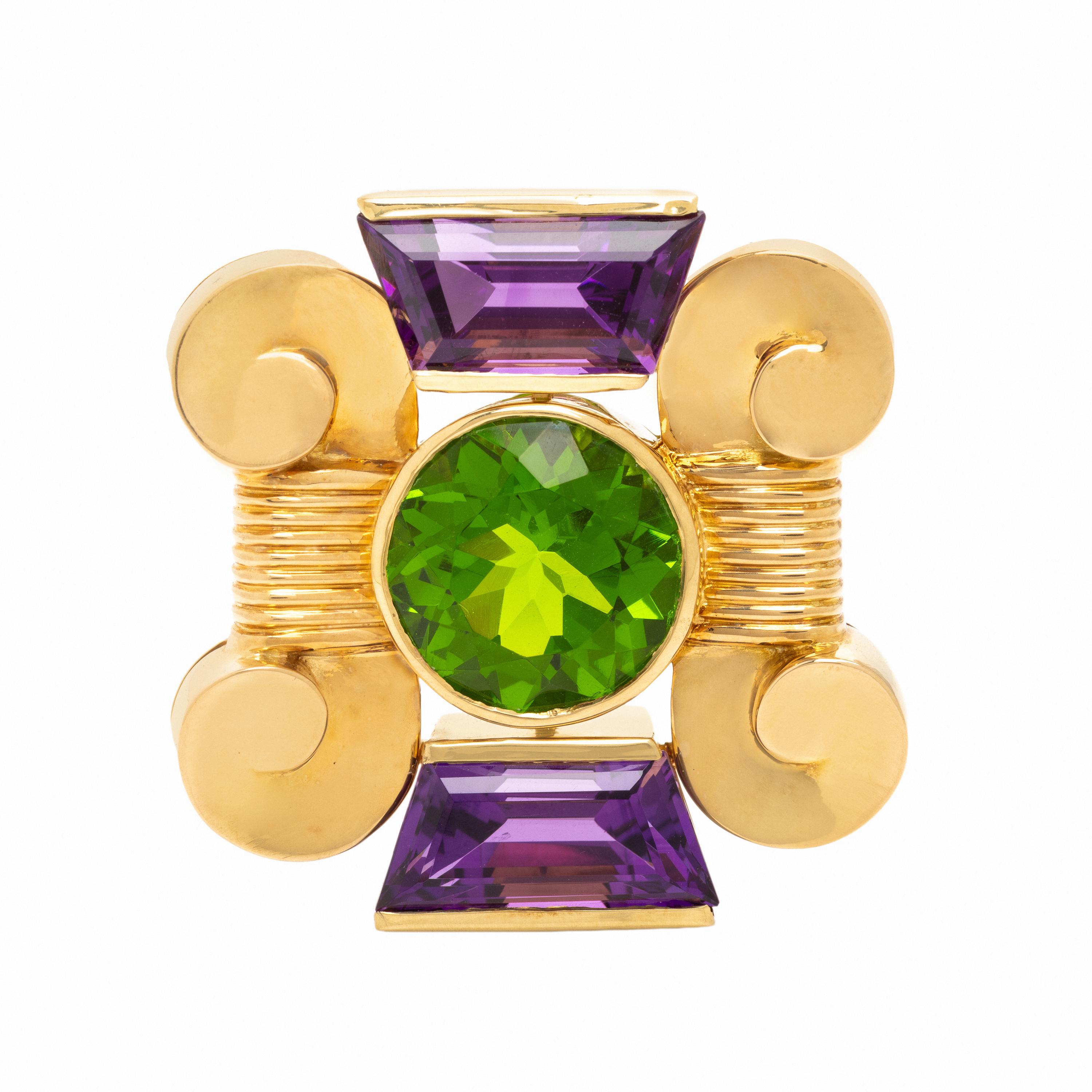 Lois Sasson, Green Glass, Amethyst, and Yellow Gold Brooch