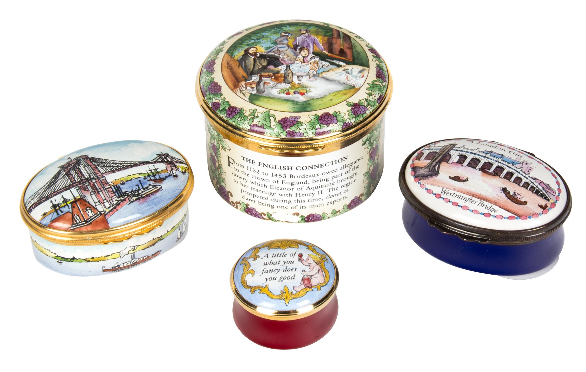 A Group of Four Halcyon Days Enamel Boxes Diameter of largest 2 1/2 inches. — 20TH CENTURY