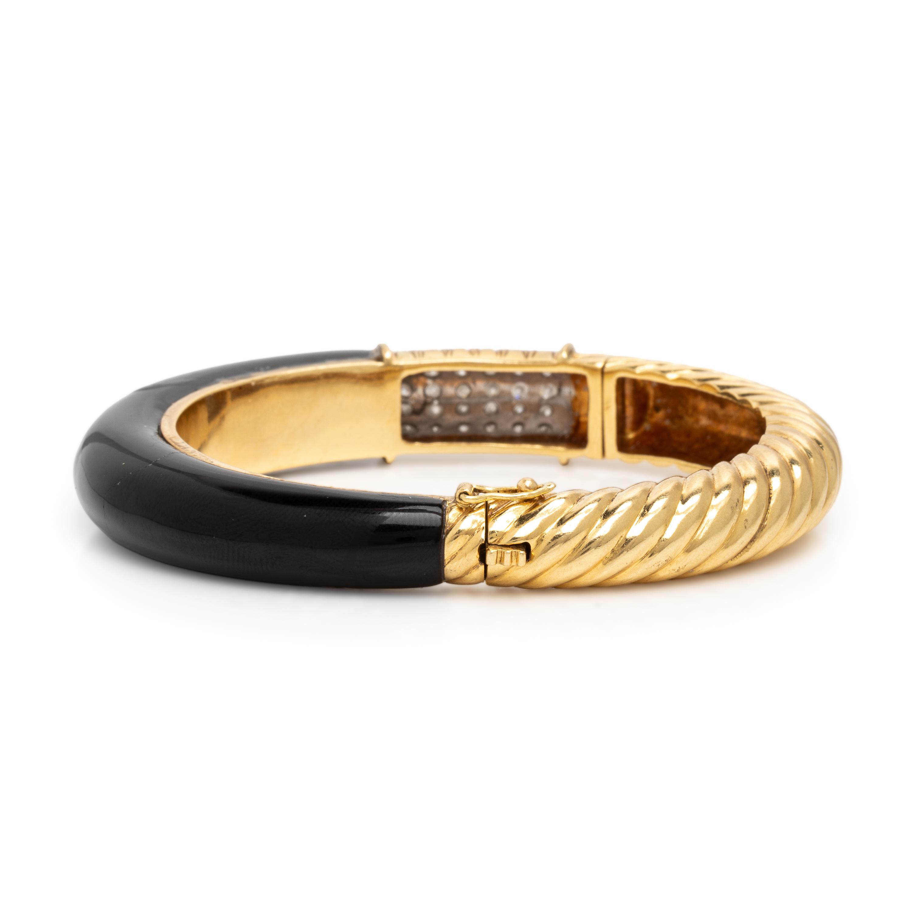 Pair of Enamel, Diamond, and Yellow Gold Bangle Bracelets