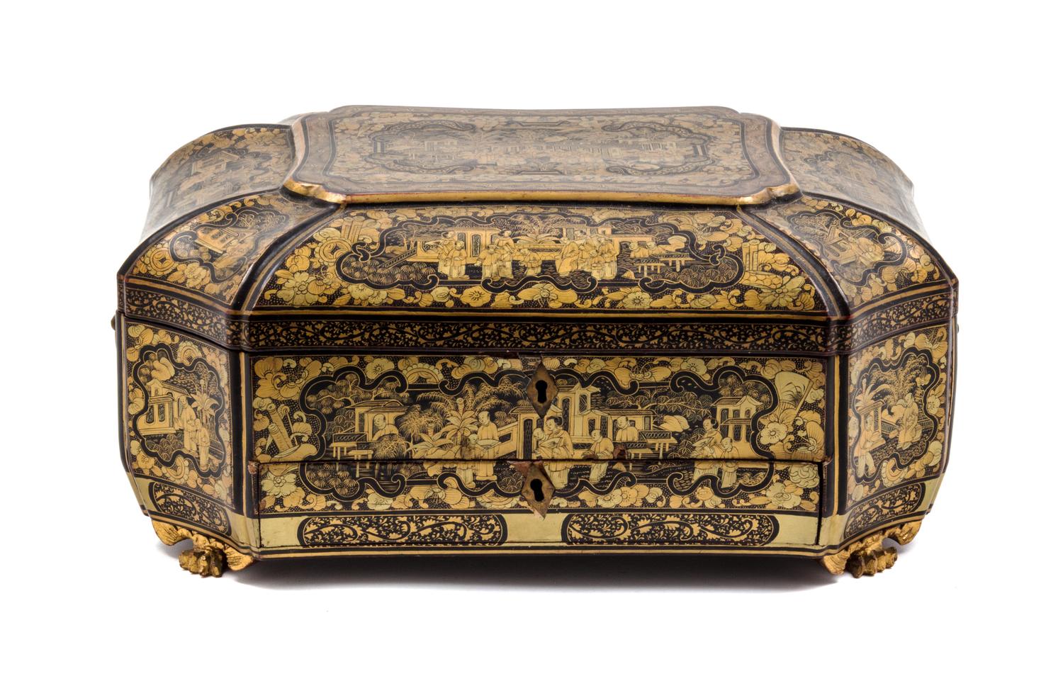 A Chinese Gilt and Black Lacquered Sewing Box Height 6 3/4 x width 14 x depth 10 1/2 inches.