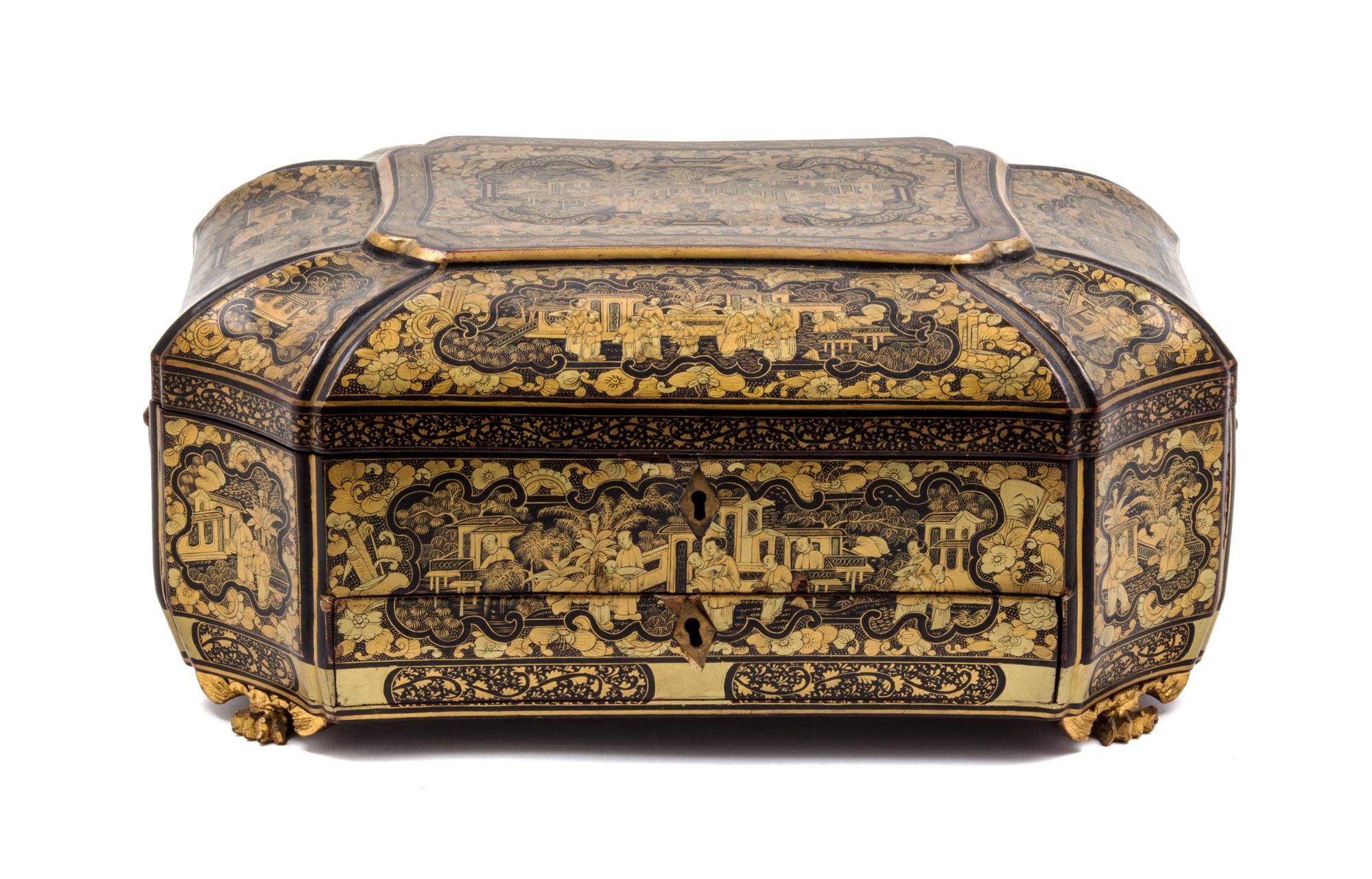 A Chinese Gilt and Black Lacquered Sewing Box Height 6 3/4 x width 14 x depth 10 1/2 inches.