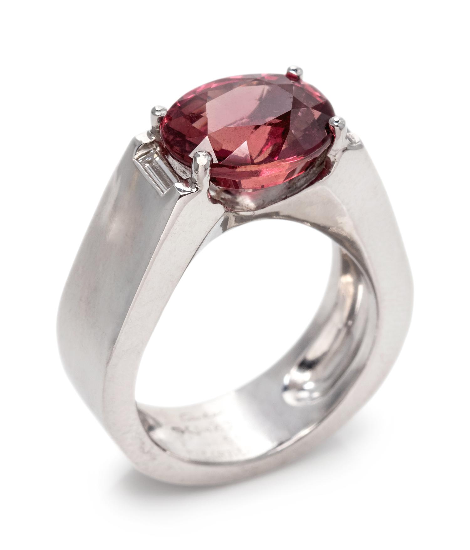 An 18 Karat White Gold, Red-Orange Sapphire and Diamond Ring, Cartier, Circa 1999,