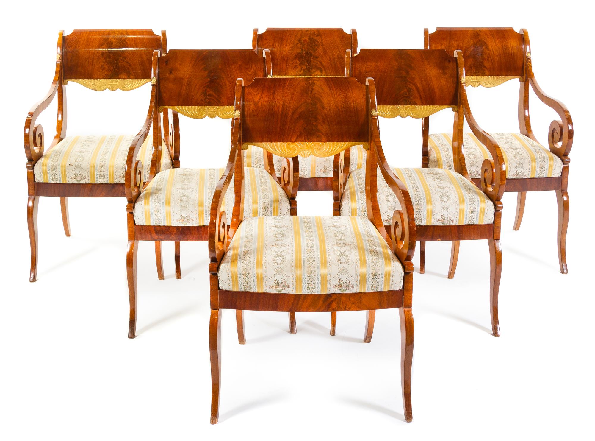 A Set of Six Russian Empire Parcel Gilt Mahogany Armchairs Height 34 3/4 inches. — 19TH CENTURY