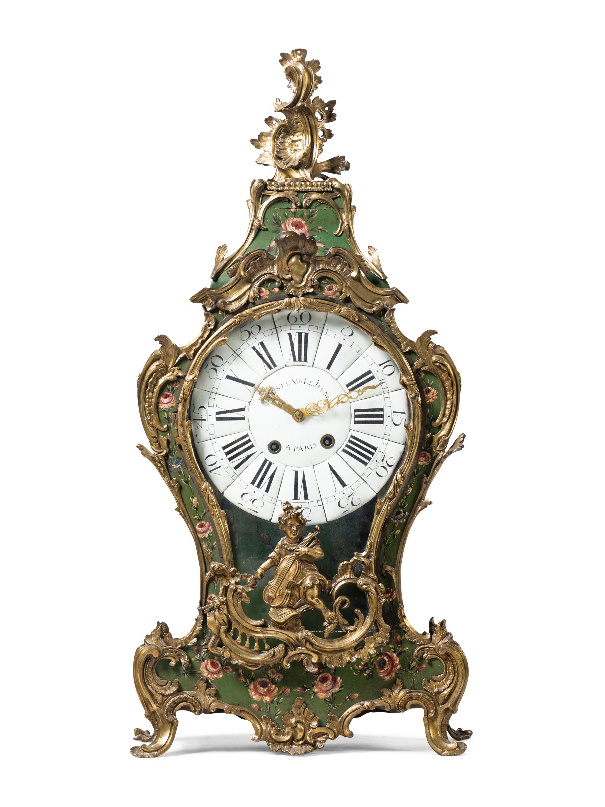A Louis XV Gilt Bronze Mounted Painted Clock and Bracket