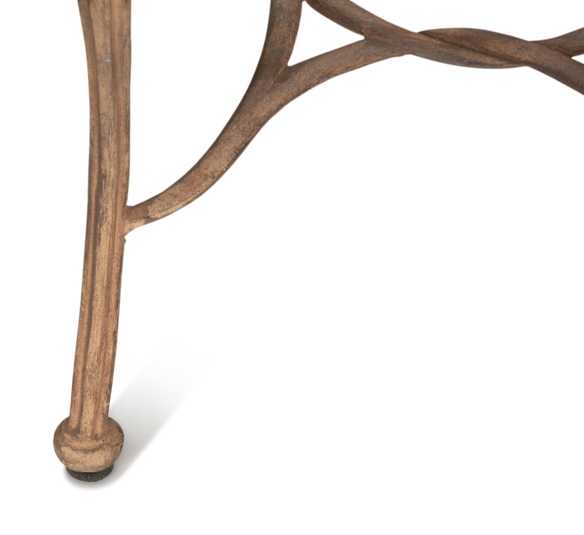 A Pair of Patinated Metal Garden Chairs and Side Table
