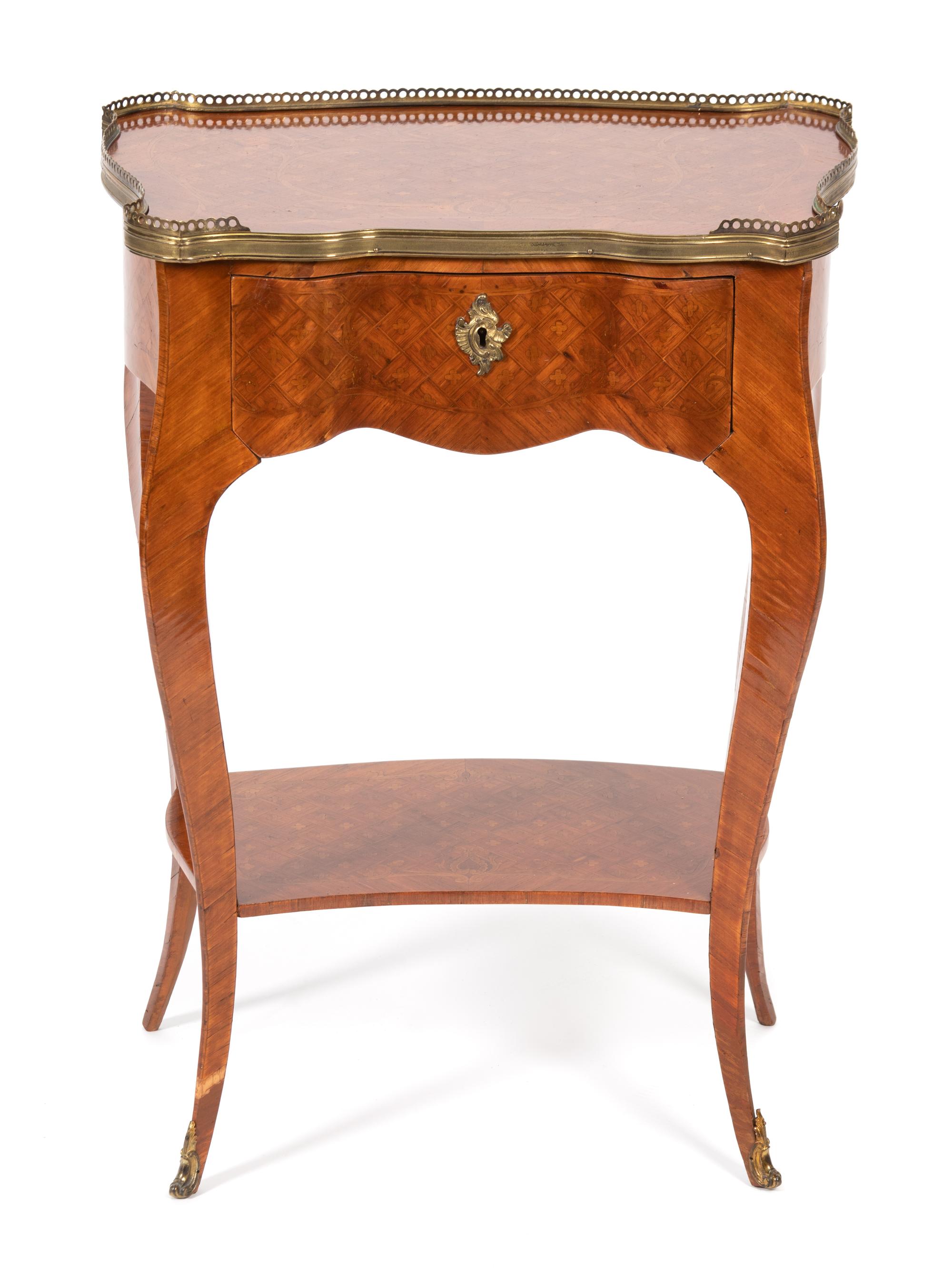 A Louis XV Style Parquetry Inlay Table en Chiffonniere Height 29 1/2 x width 22 x depth 14 inches. — EARLY 20TH CENTURY