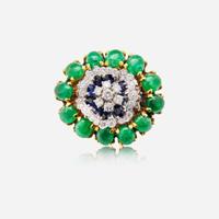 A 14K Yellow Gold, Emerald, Sapphire, and Diamond Brooch