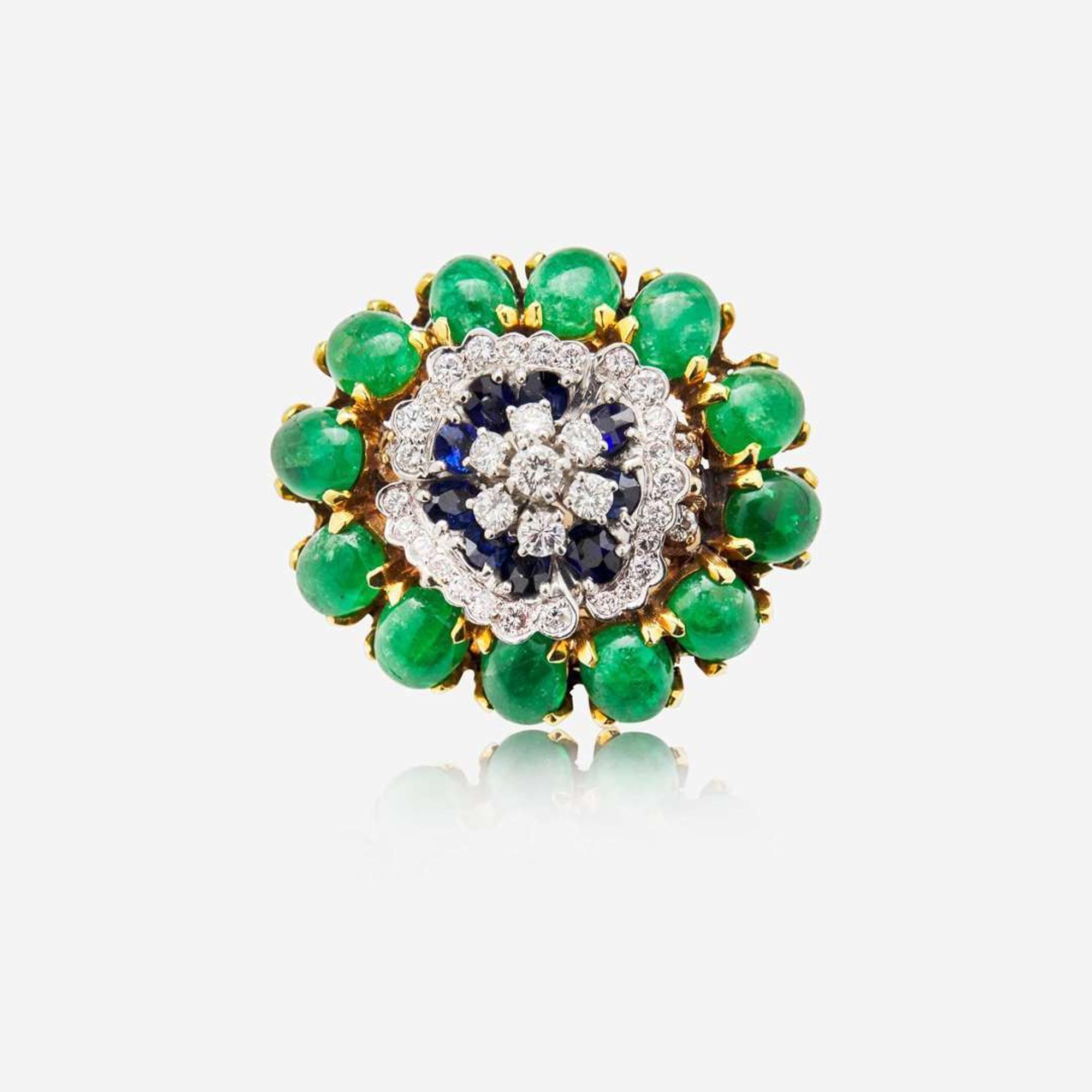 A 14K Yellow Gold, Emerald, Sapphire, and Diamond Brooch