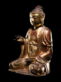 A Chinese Gilt Wood Figure of Seated Buddha Shakyamuni
