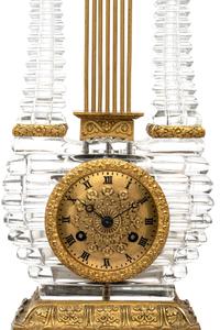 A Charles X Gilt Bronze and Cut Glass Lyre-Form Clock Attributed to l'Escalier de Cristal