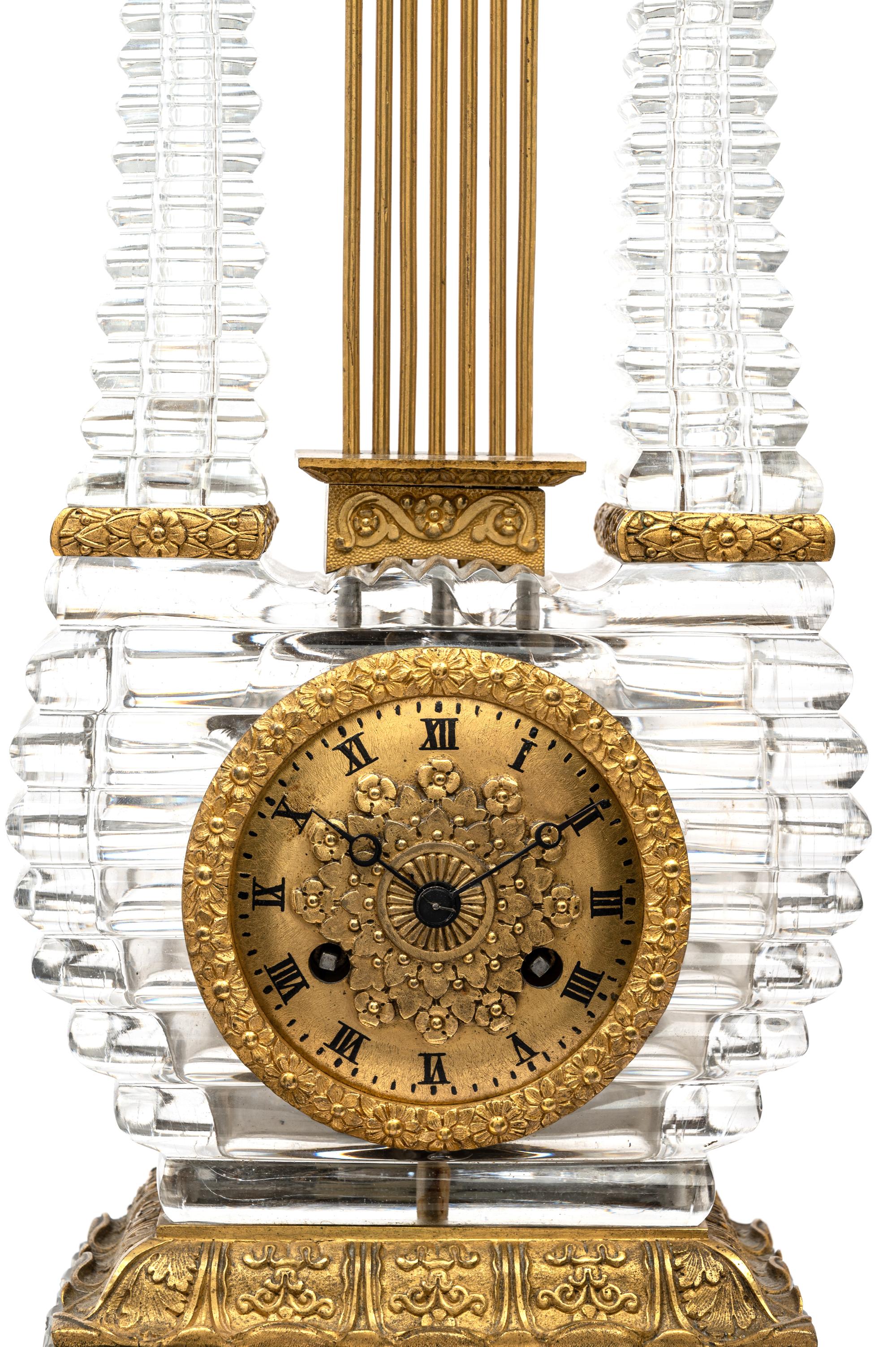 A Charles X Gilt Bronze and Cut Glass Lyre-Form Clock Attributed to l'Escalier de Cristal