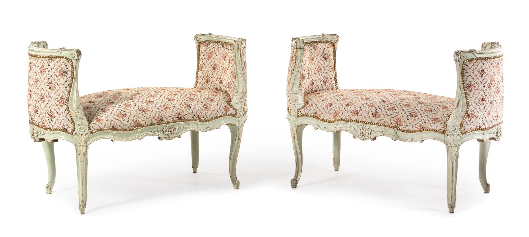 A Pair of Louis XV Style Painted Window Seats Height 29 x width 42 1/4 inches. — 20TH CENTURY