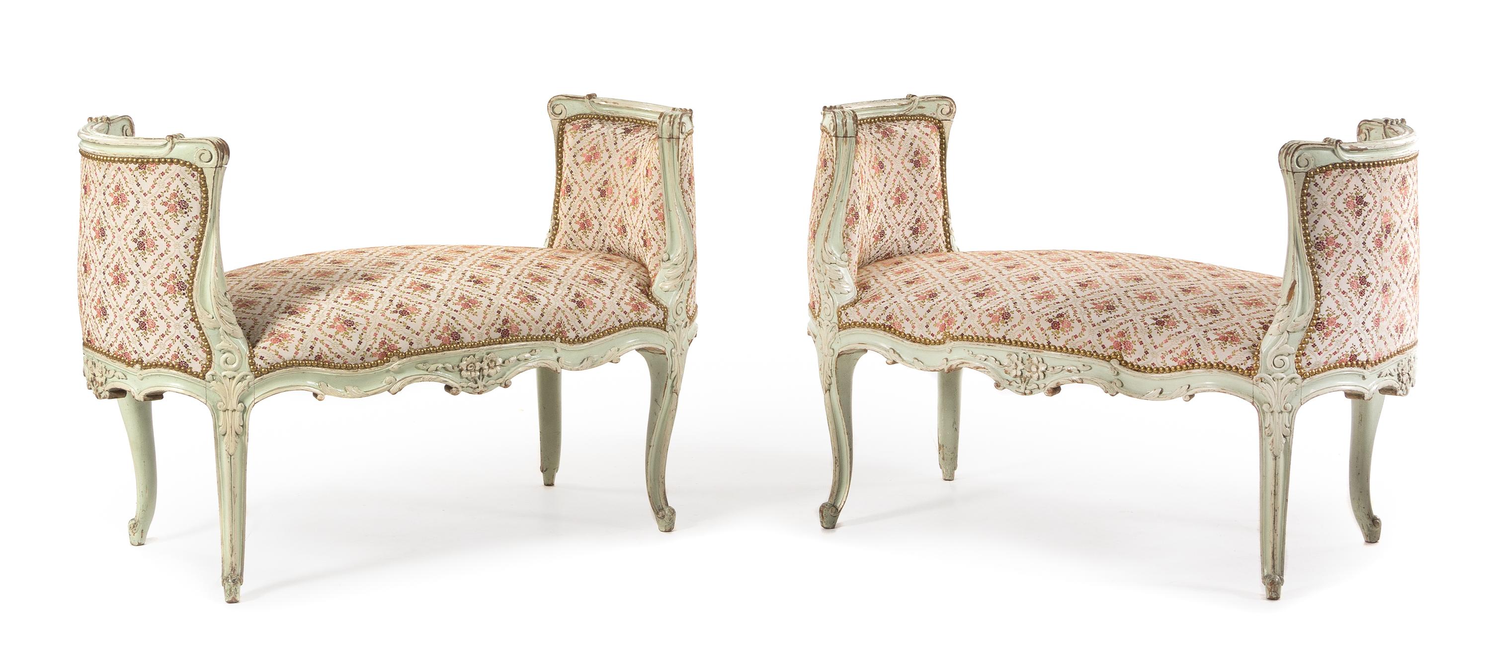 A Pair of Louis XV Style Painted Window Seats Height 29 x width 42 1/4 inches. — 20TH CENTURY