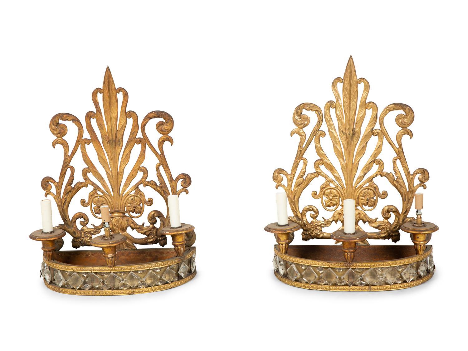 A Pair of Italian Gilt Metal and Glass Three-Light Sconces — Early 20th Century