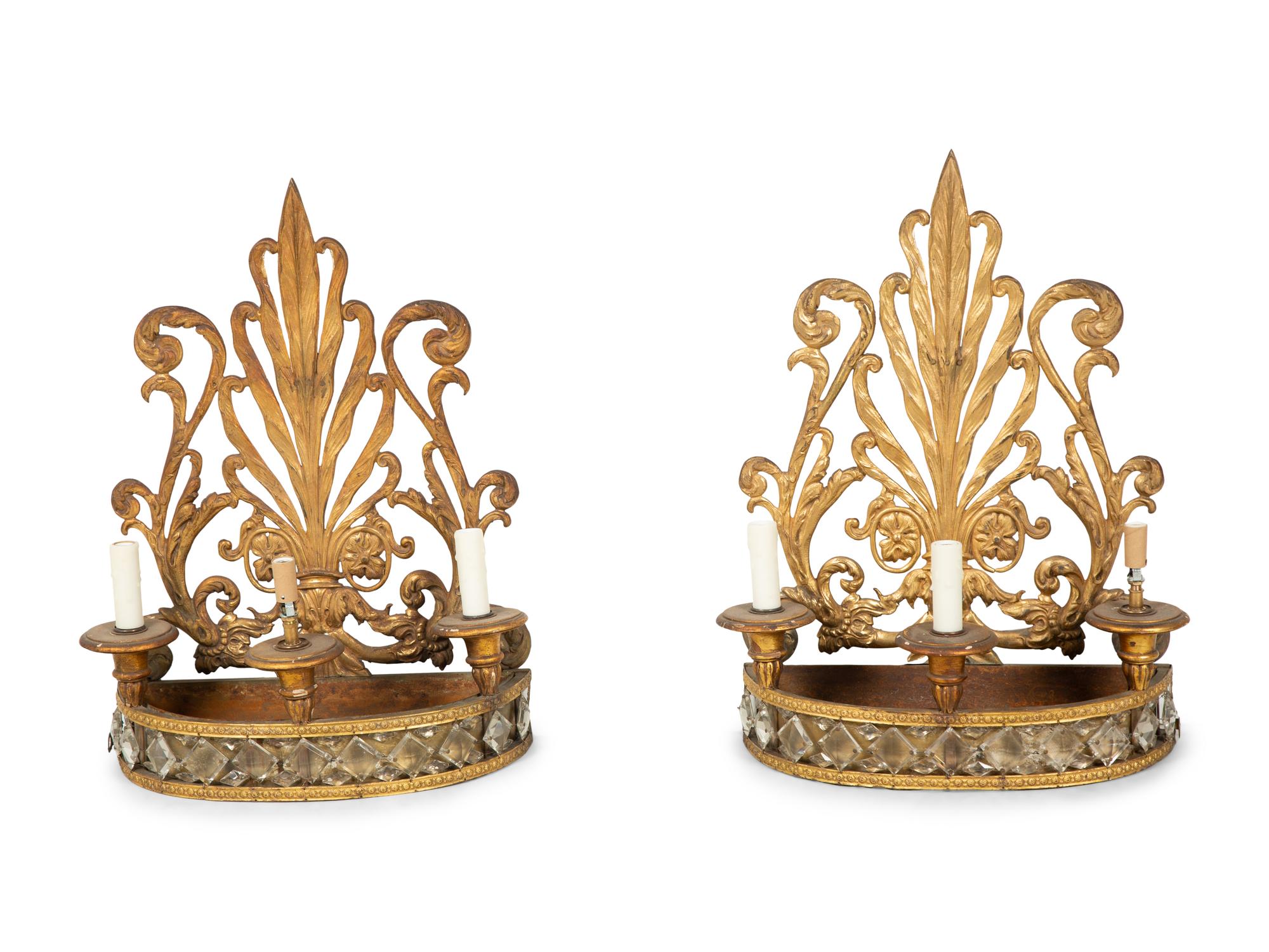 A Pair of Italian Gilt Metal and Glass Three-Light Sconces — Early 20th Century