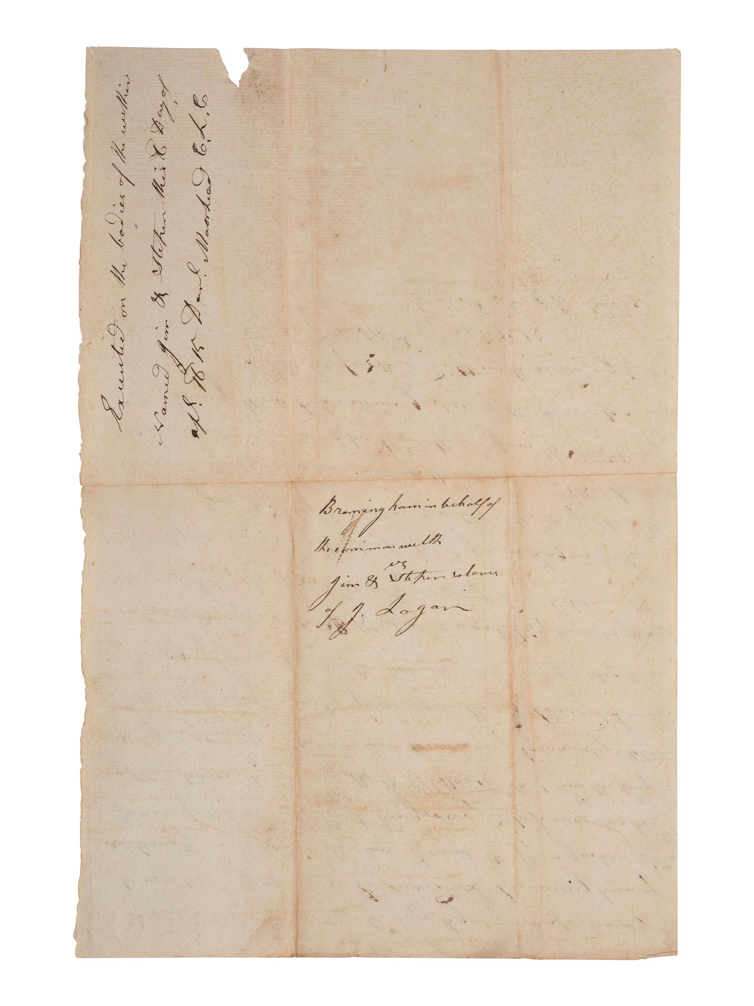 [ENSLAVEMENT & ABOLITION]. A collection of 4 documents related to the arrest and trial of enslaved men "Stephen" and "Jim," who were convicted of stealing. Lincoln County, KY. 1815.