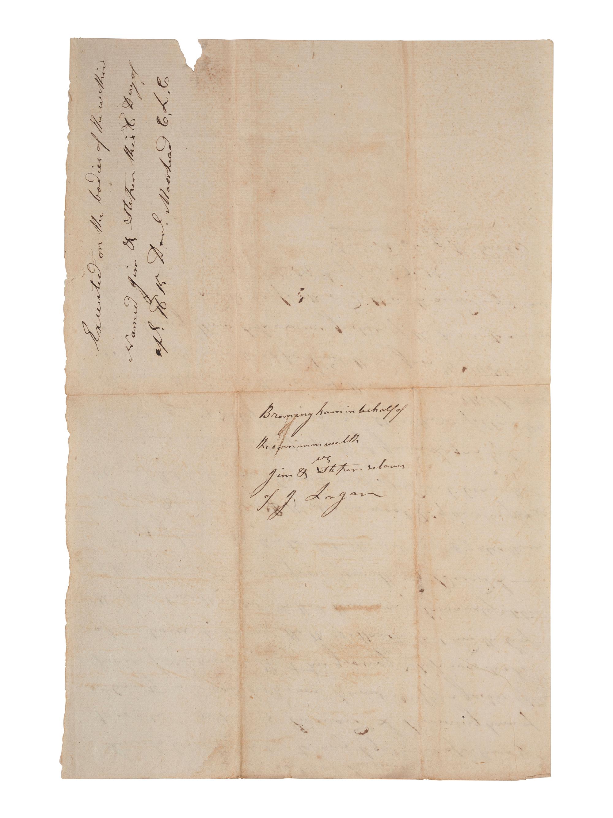 [ENSLAVEMENT & ABOLITION]. A collection of 4 documents related to the arrest and trial of enslaved men "Stephen" and "Jim," who were convicted of stealing. Lincoln County, KY. 1815.